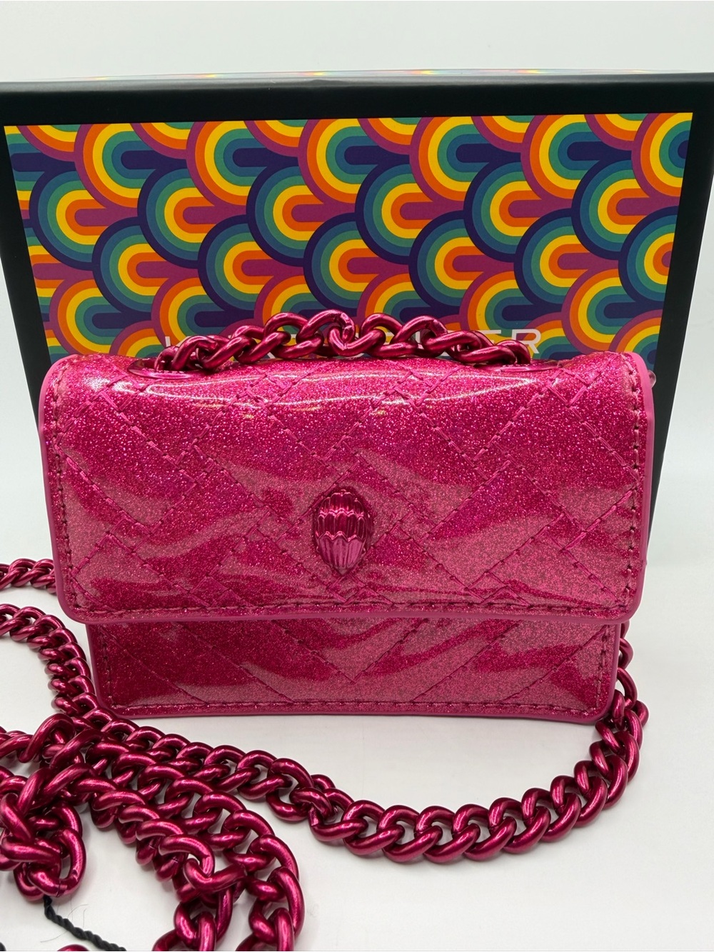 Kurt Geiger Micro Kensington Hot Pink Glitter Crossbody Bag - Picture 1 of 2